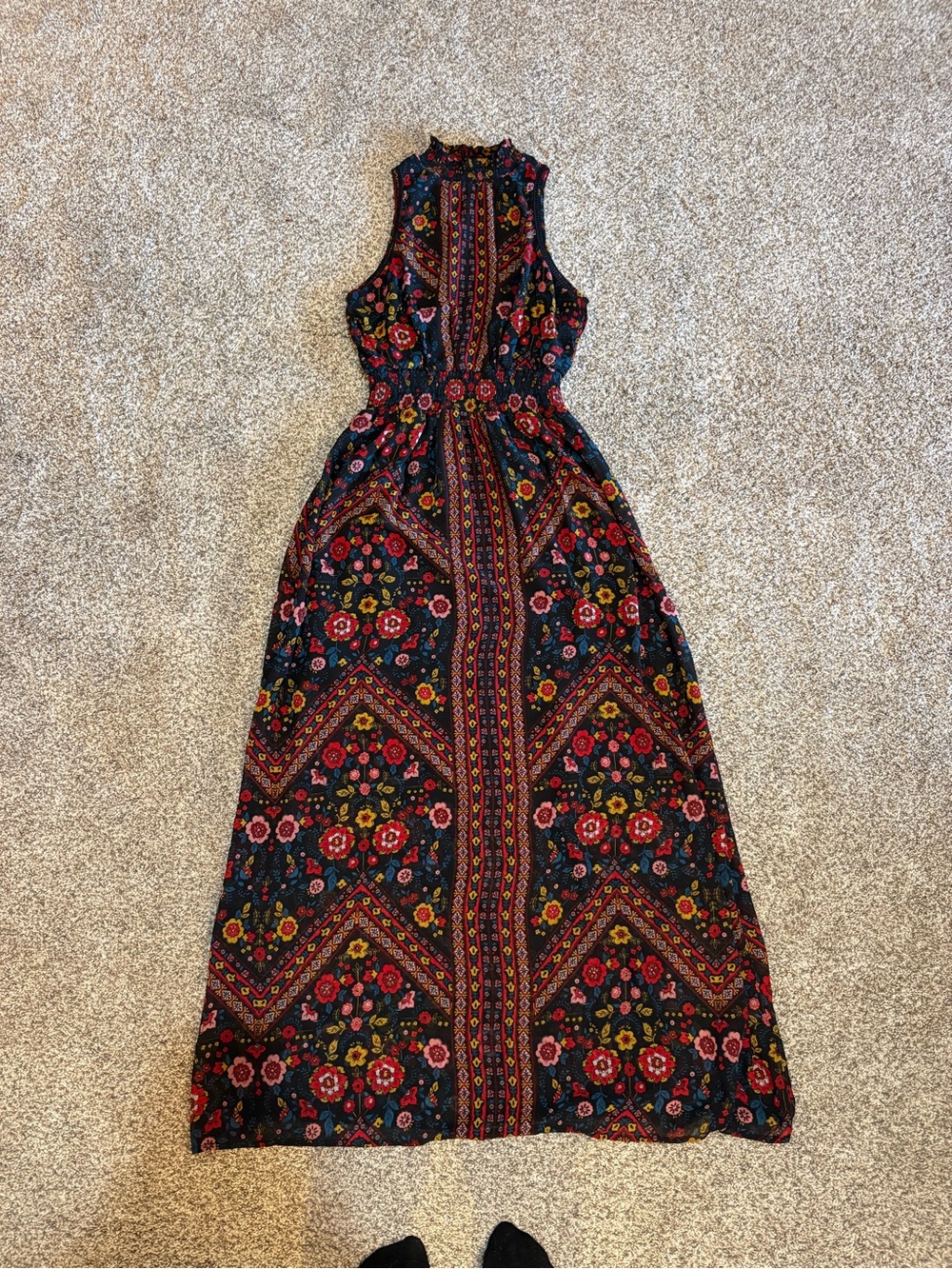 ADORA Black Maxi Dress with Red, Pink & Yellow Floral Print